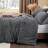 ChiXpace Flannel Fleece Comforter King Set - Furry Grey Leaves Pattern Faux Fur Bed Set, Winter Ultra Soft Fuzzy Comfort Set, Velvet Bedding Set for Bed with 2 Pillow Cases