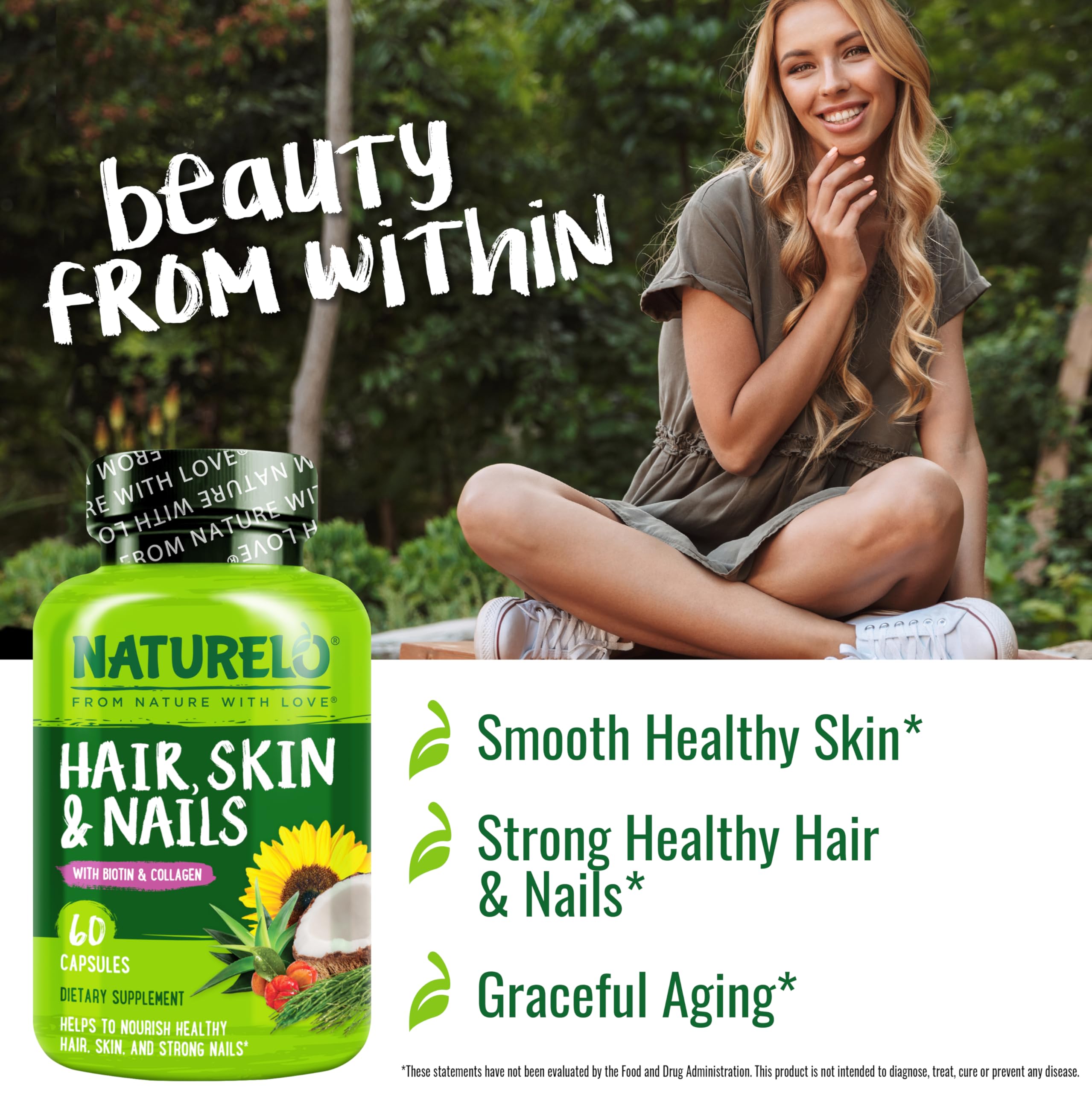 NATURELO Hair, Skin and Nails Multivitamin - 5000 mcg Biotin, Collagen, Natural Vitamin E - Supplement for Healthy Skin, Hair Growth for Women and Men – 60 Capsules