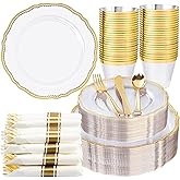 Hioasis 350pcs Clear Gold Plastic Plates - Gold Plastic Dinnerware Set Includes 50 Dinner Plates, 50 Dessert Dinnerware, 50 Cups, 50 Rolled Napkin Cutlery Perfect for Wedding & Party