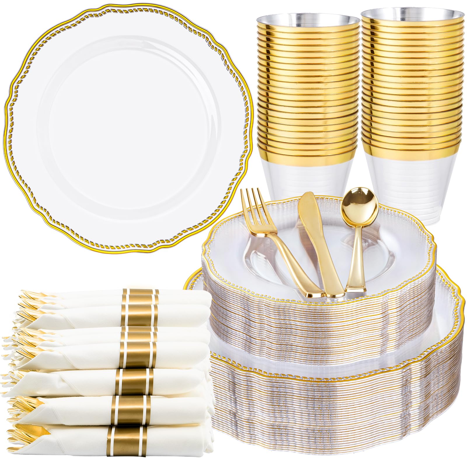 Photo 1 of Hioasis 350pcs Clear Gold Plastic Plates - Gold Plastic Dinnerware Set Includes 50 Dinner Plates, 50 Dessert Dinnerware, 50 Cups, 50 Rolled Napkin Cutlery Perfect for Wedding & Party