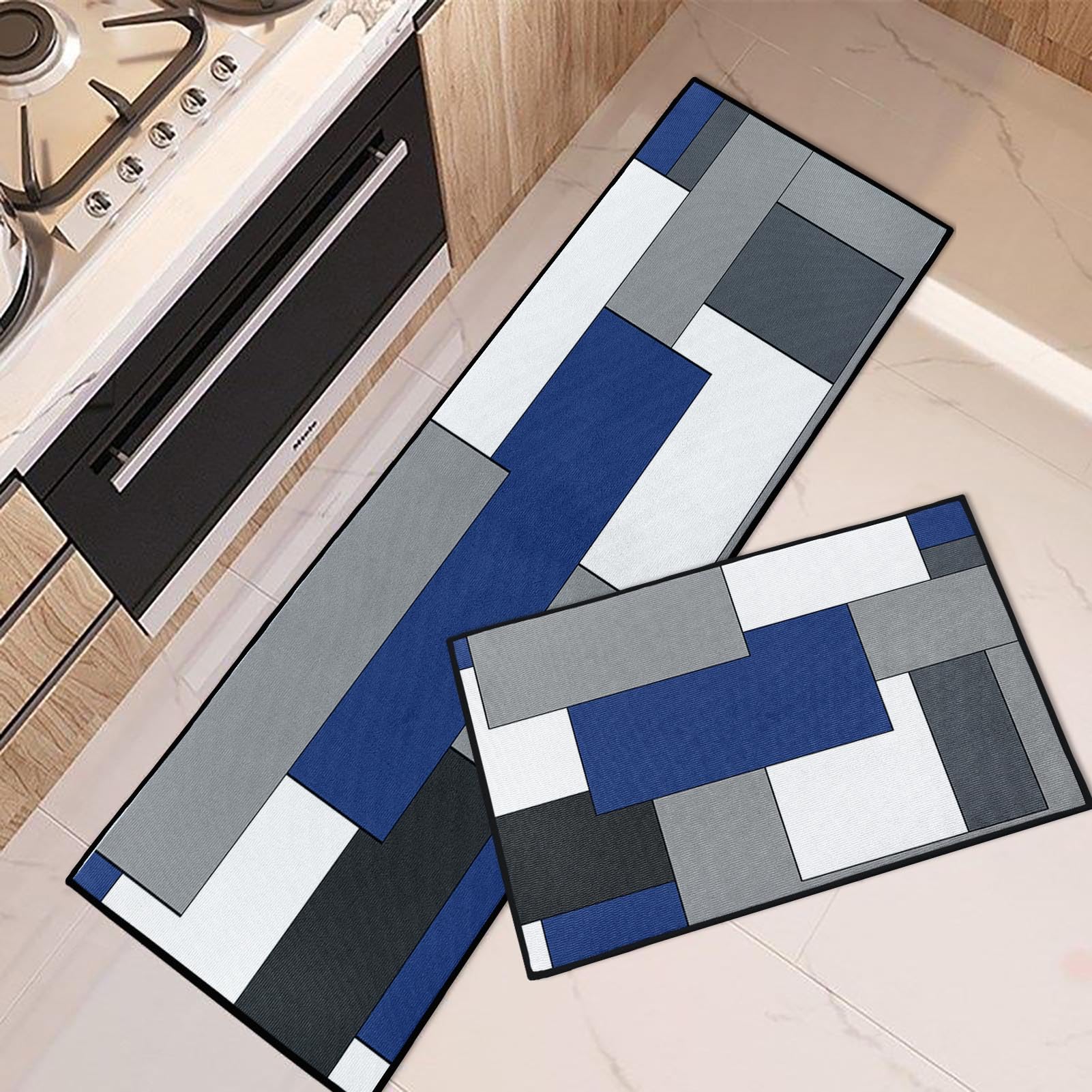 Photo 1 of Tayney Blue Geometric Kitchen Rugs and Mats Non Skid Washable Set of 2, Checked Black Grey Navy Mats for Floor, Rustic Minimalist Runner Rug Modern Abstract Kitchen Decor