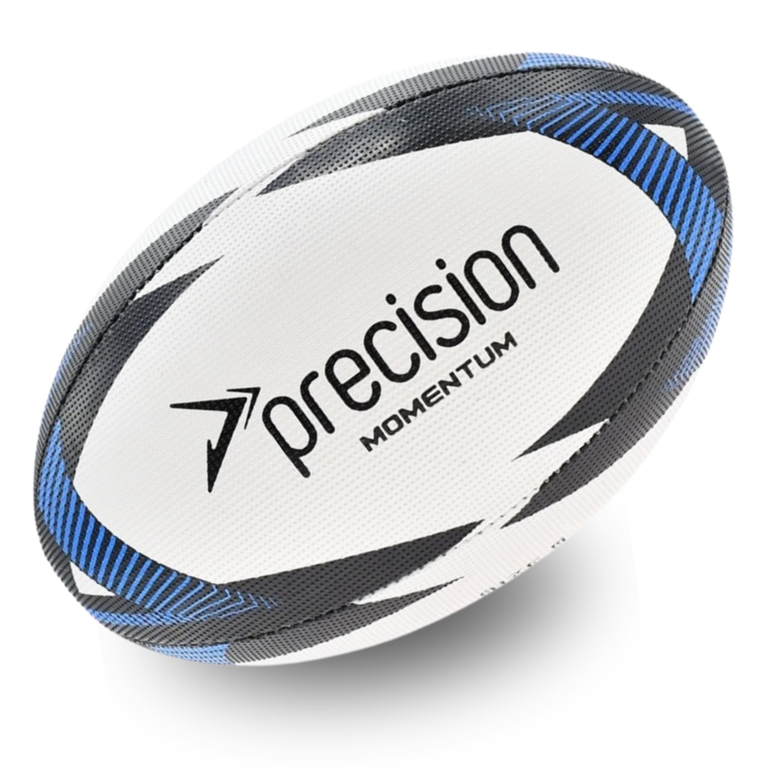 Precision Momentum Rugby Training Ball, Premium Rubber, Hand-Stitched, All-Weather Grip, Extra Strong, Ideal for Clubs and Schools, White|Black|Blue, Size 5