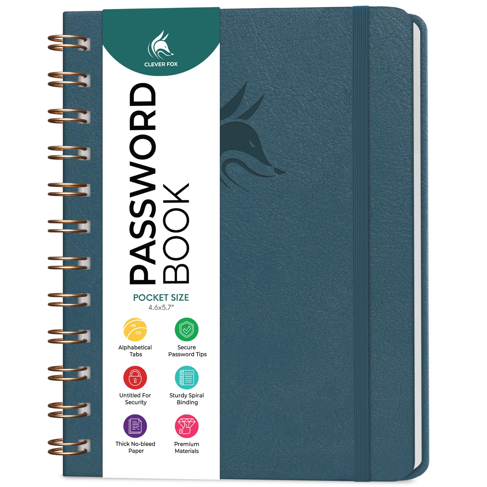 Clever Fox Password Book Spiral – Mini Internet Address Log with Alphabetical Tabs, Small Password Keeper & Organizer - Pocket 12x14cm (Deep Sea)