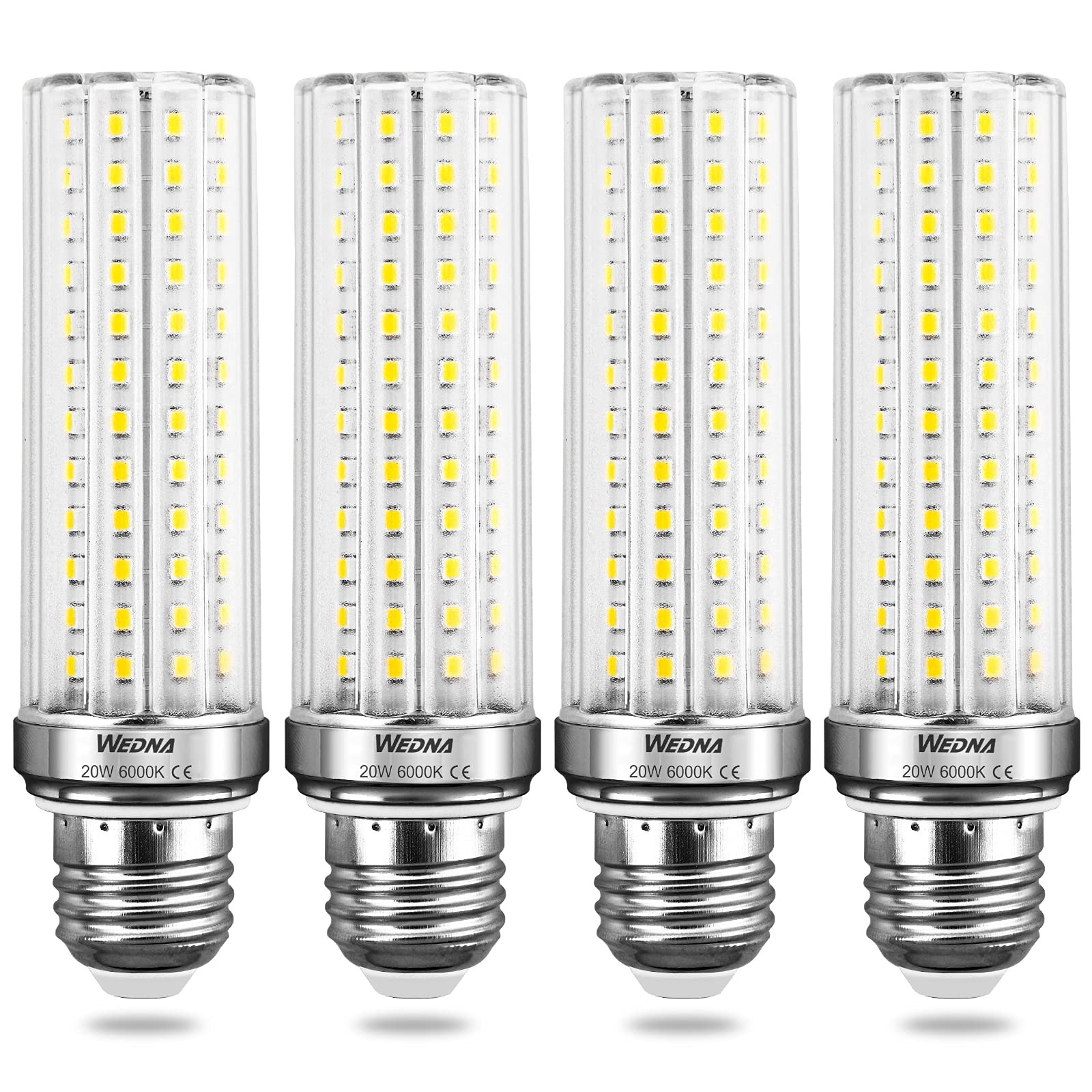 WEDNA E27 LED Corn Light Bulbs, 129 LEDs, 20W (Equivalent to 150W), Cool White 6000K, 2500Lm, 360° Beam Angle, Not Dimmable, 4 Pack