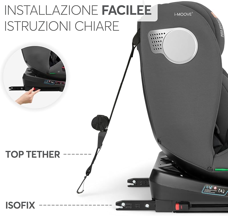 KikkaBoo Seggiolino Auto 0–36 kg ISOFIX i-Size i-MOOVE 2, 40–150 cm, Rotazione 360°, Reclinabile, Poggiatesta Regolabile, Contro e Fronte Marcia, Nero
