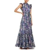 Mac Duggal Belted Floral Chiffon Ruffle Sleeve Gown