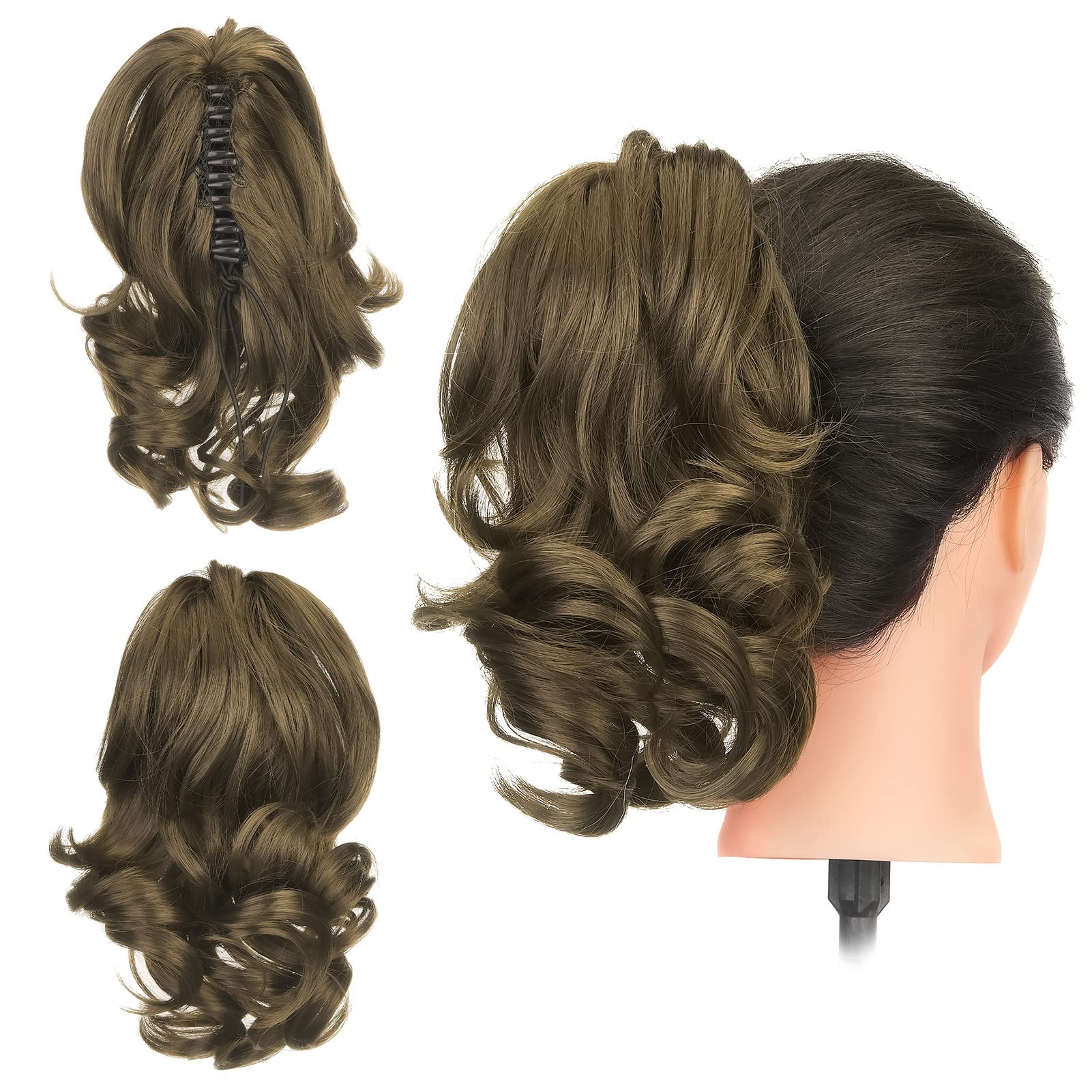 Gairyan 12" Clip in Ponytail Hair Extensions Curly Ponytail Extension Claw on Pony tails Wavy Synthetic Hairpieces for Women Real Look Short Wave (Golden Brown) โ image 1