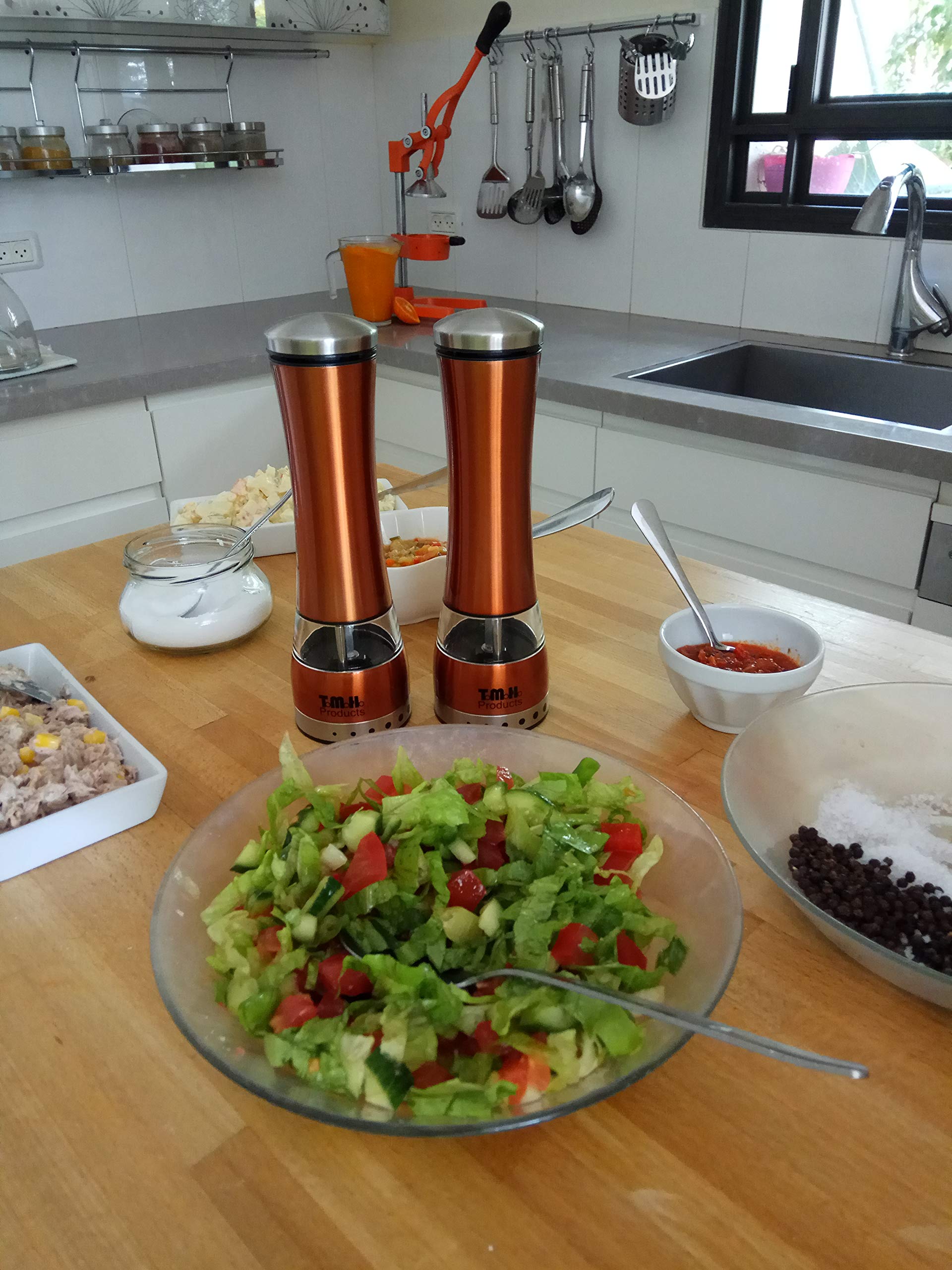 Electric Salt & Pepper Grinder Set by T.M.H. Products | Adjustable Grinder Mills, Simple to Use with Strong & Durable Mechanism | Polished Stainless-Steel | Brushed Copper Color and Built-In LED Light