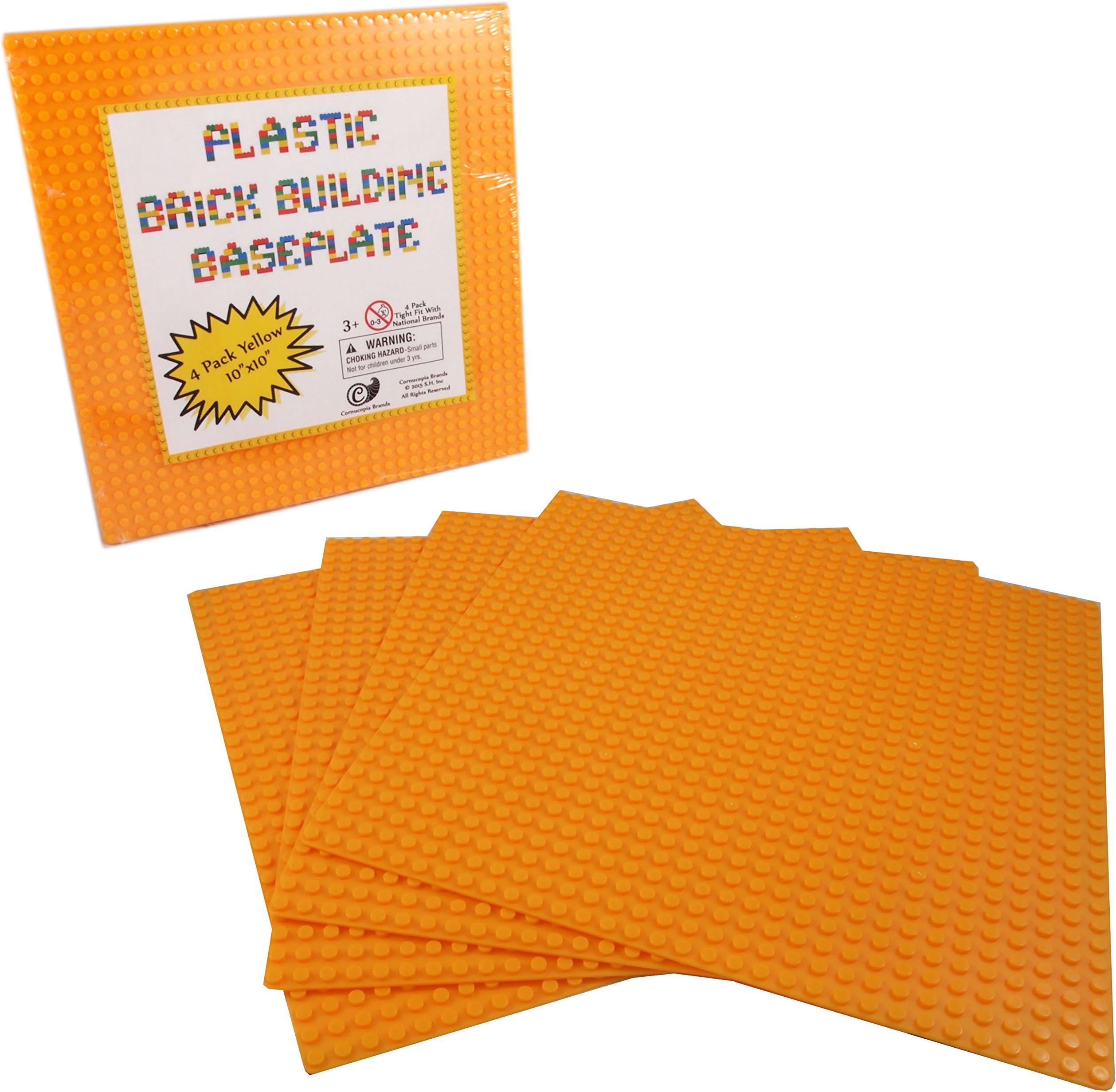 Yellow Plastic Brick Building Base Plate (4 Pack), Large 10"x10" Baseplate LEGO Compatible