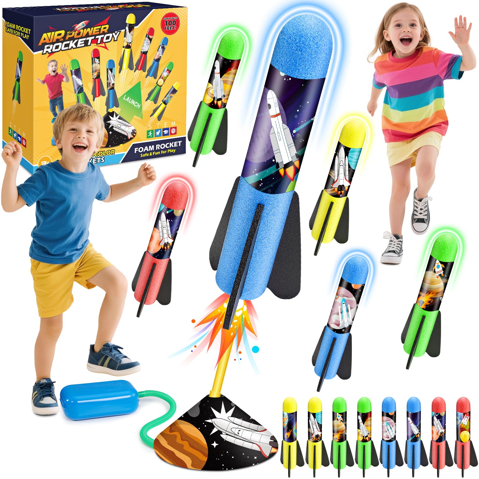 Anginne Rockets Toys Launcher Toy for Kids 3-12 Year Old Boys Girls, 8 Foam Rockets Outdoor Garden Jump Rocket Toys with Adjustable Launch Angle, Educational Birthday Gift with Space Theme Stickers