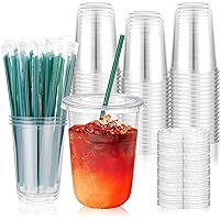 50 Sets 16 oz Plastic Cups with Lids and Straws, Clear Disposable Iced Coffee Cups for Cold Drinks Juice Milkshakes Smoothies