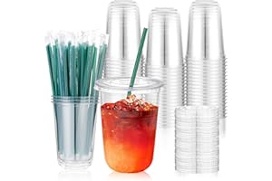 50 Sets 16 oz Plastic Cups with Lids and Straws, Clear Disposable Iced Coffee Cups for Cold Drinks Juice Milkshakes Smoothies