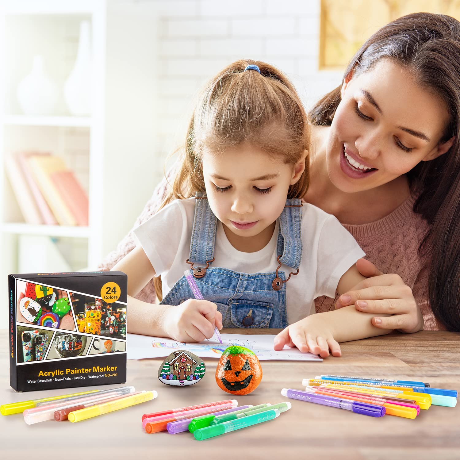 Acrylic Paint Pens Markers-24 Colors Waterproof Paint Pens for Rock Painting,Graffiti, Stone, Ceramic, Glass, Wood, Fabric, Canvas, Porcelain, Metal,Pumpkins,Water Based Quick Dry Non-Toxic No Odor