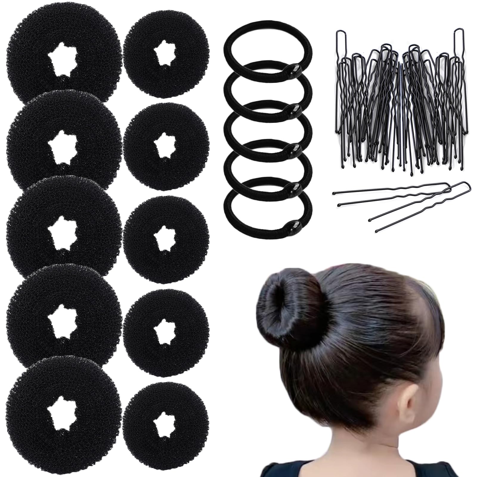 View 1 of 10 Pcs Hair Bun Maker - Donut Bun Maker for Hair(5 medium and 5 small),Ballet Bun for Women and Kids with Elastic Hair Ties, Hair Pins(Black)