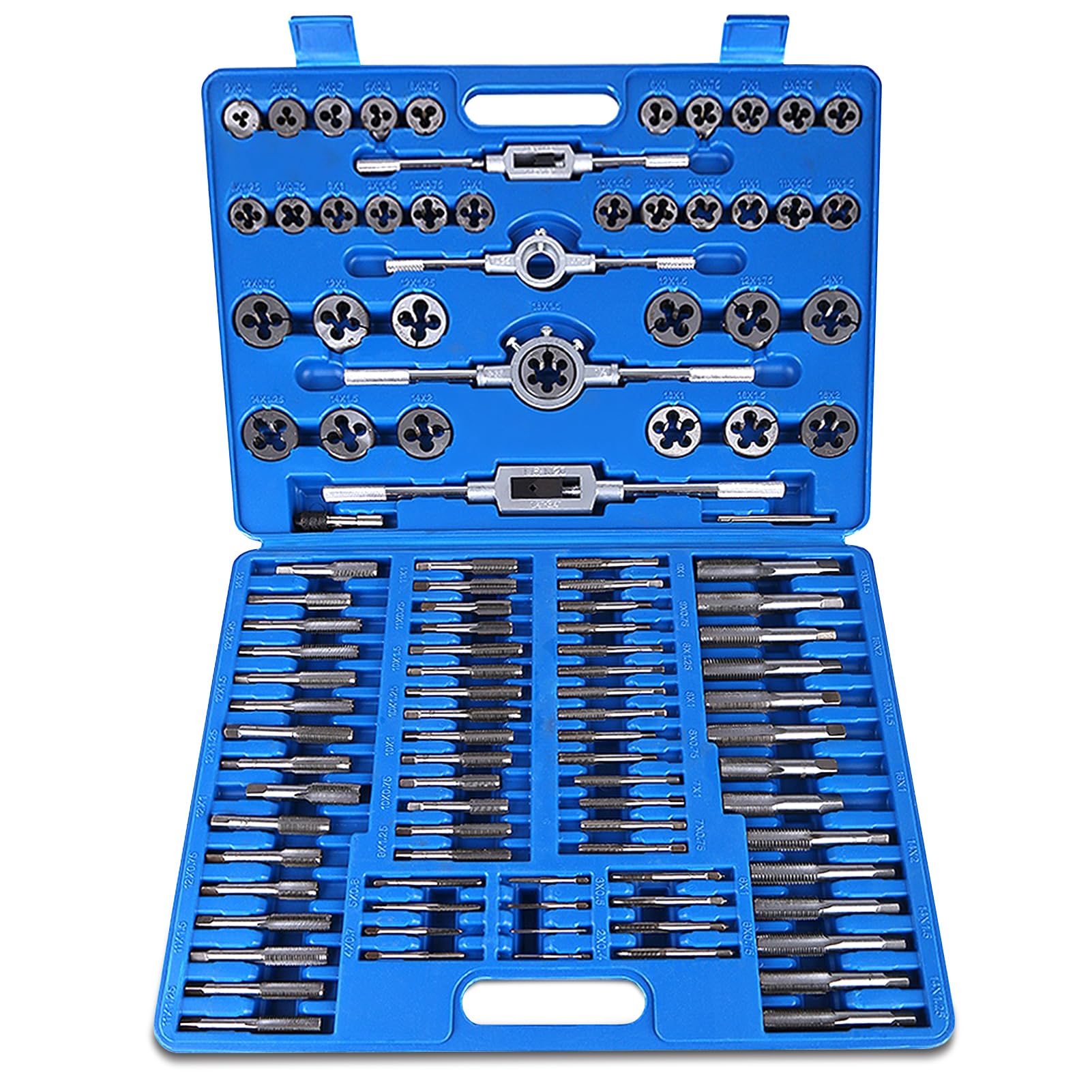 Professional 110Pcs Taps & Dies Set, HSS High Hardened Steel M2-M18 Screw Nut Thread Tap Die Set, Multifunctional Precision Metric Taps Dies Set with Wrench Handle and Firm Case for Hand Tapping Work