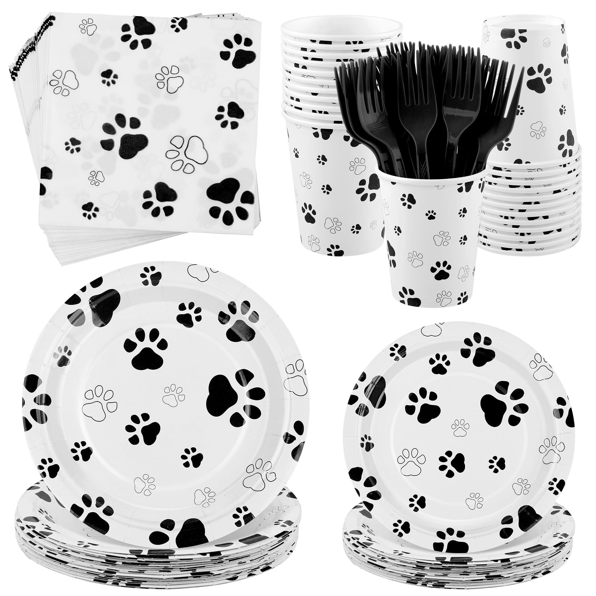 Photo 1 of Kochorie 144 Pieces Black Paw Print Party Tableware Sets Including Disposable Plates Napkins Cups Forks Serves 24 for Dog Puppy Theme Party Supplies