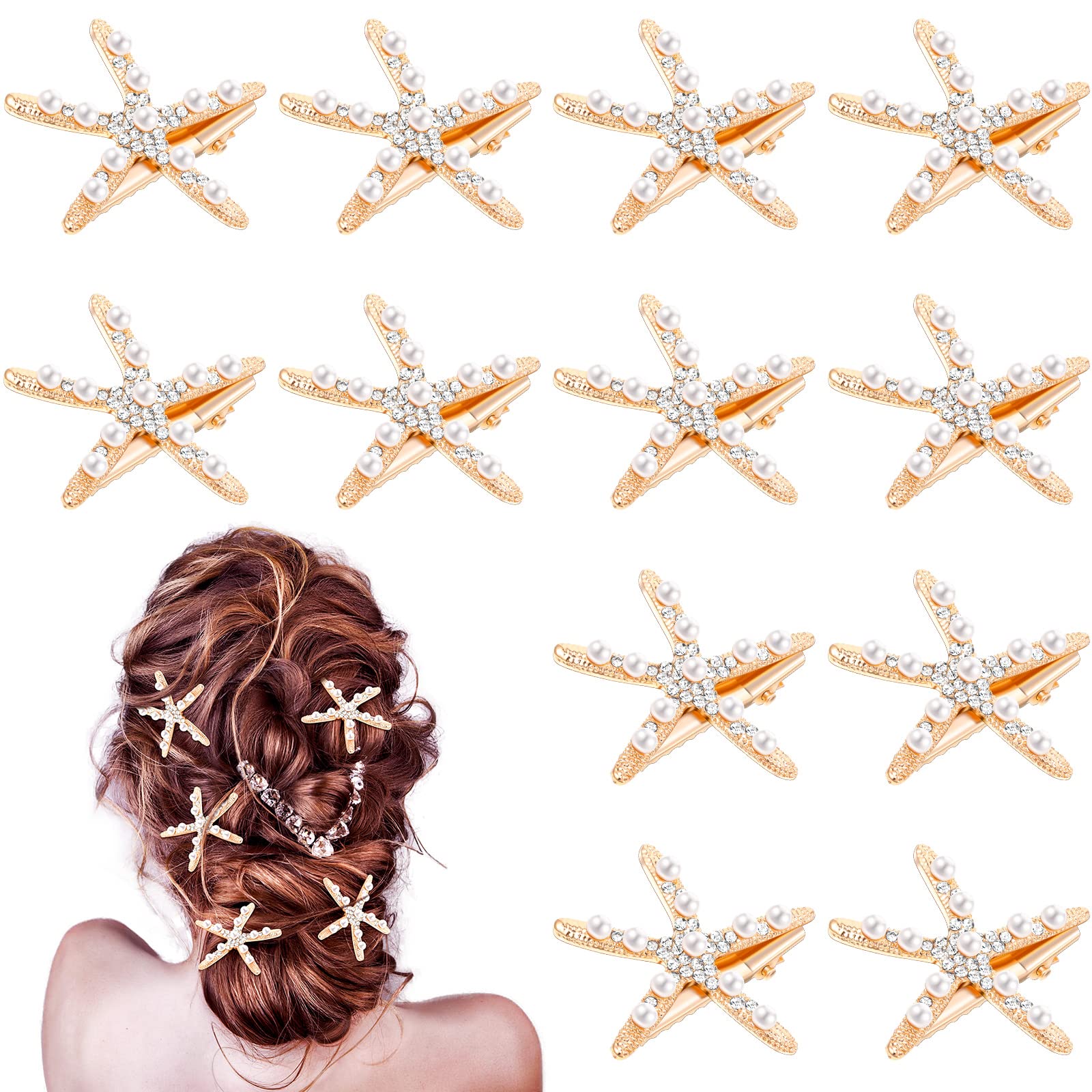 Photo 1 of 12 Pcs Starfish Hair Clip Seashell Hair Clips Mermaid Hair Accessories Crystal Pearls Starfish Hair Barrette Small Beach Sea Hairpin for Wedding Bridal Women