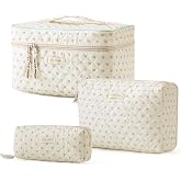 HBselect Quilted Makeup Bag, 3Pcs Cotton Large Travel Makeup Bags Organizer | Cute Floral Make up Bag Cosmetic Bag Toiletry Bag for Women Girls, Makeup Pouch for Skincare, Brushes &amp; Travel Essentials