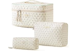 HBselect Quilted Makeup Bag, 3PCS Cotton Large Travel Makeup Bag, Cute Floral Coquette Make up Bag Cosmetic Bag Toiletry Bag for Women Girls