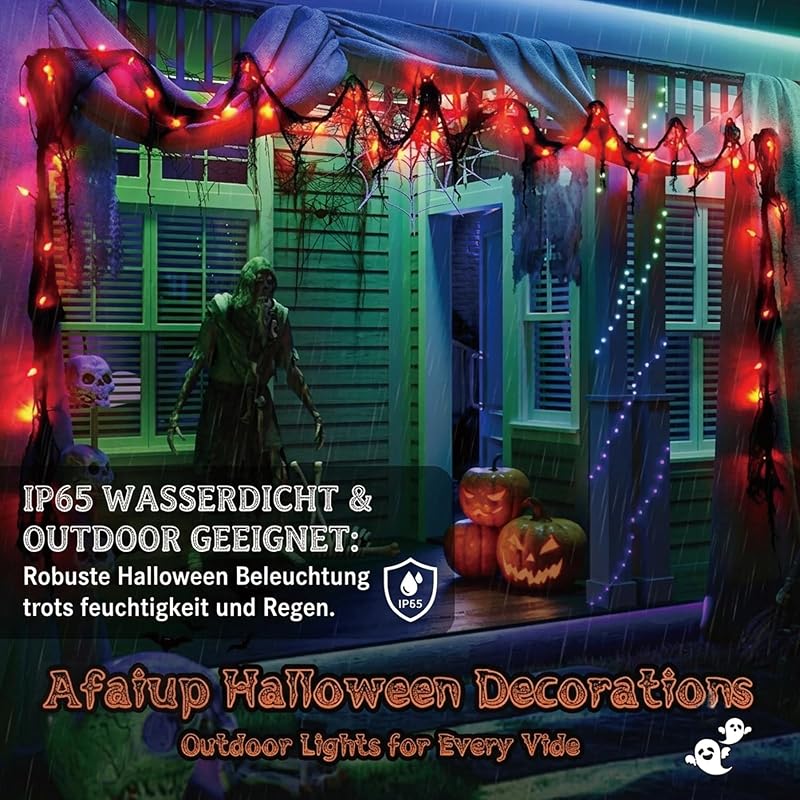 Guirlande lumineuse décorative d'Halloween orange avec gaze noire, 3 m, 30 LED, 8 modes et minuterie, étanche IP65, éclairage d'Halloween intérieur et extérieur pour fenêtre, cheminée, jardin