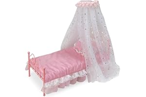 Badger Basket Starlights Metal Doll Bed - LED Canopy Bed Set Fits 18 Inch Dolls - Includes Mesh Drapes Decorative Pillows Reversible Blanket - Pretend Play Doll Furniture - Pink