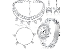 Huquary 4 Pcs Butterfly Hip Hop Jewelry Set Butterfly Link Chains Bling Rhinestone Watch for Women Bling Crystal Diamond Necklace Bracelet Watch Sliver Earrings for Hip Hop Christmas Party Gifts