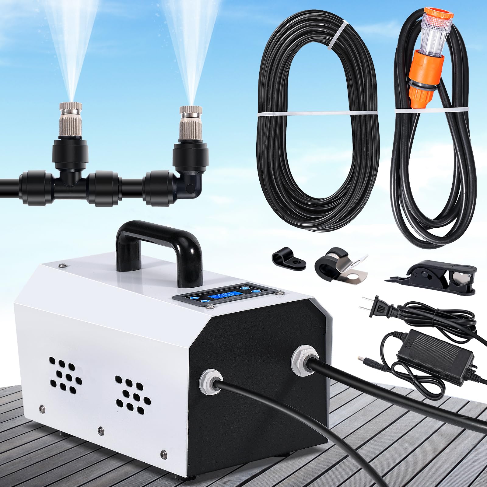 Photo 1 of Outdoor Misting Cooling System High Pressure Misters for Outside Patio with Pump Kit, 65.6FT Misting Line with Brass Mist Nozzles Self Priming Sprayer Misters for Chicken Coop Garden Greenhouse