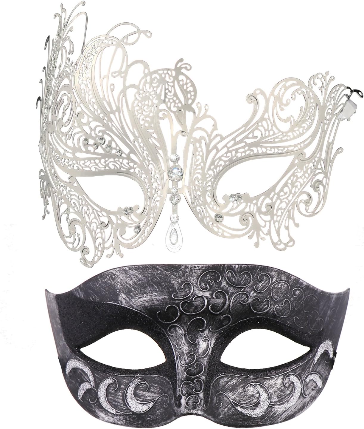 Thmyo 2 Pack Venetian Masquerade Mask for Couples Mardi Gras Halloween Ball Mask (Antique Silver black & silver)