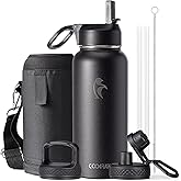 Water Bottle 32 oz Insulated with Straw, Coolflask Stainless Steel Metal 3 Lids Water Flask Wide Mouth for Sports or Office, Non-BPA Keep Cold Up to 48 Hrs or Hot Up to 24 Hrs, Magic Black