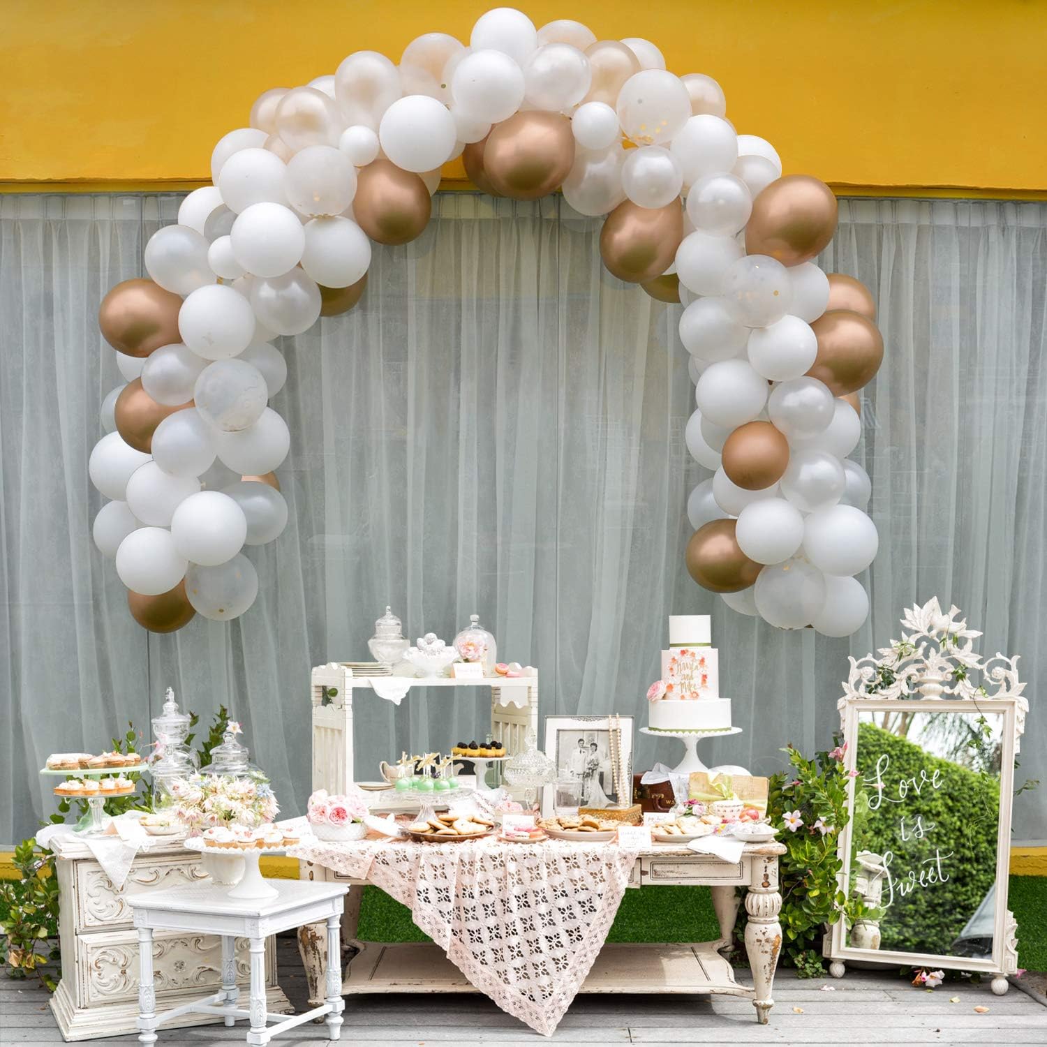 Warmfits Balloon Arch Garland Kit | 5" & 10" & 12" | White, Pearl White, Metallic Gold, Gold Confetti Balloons| Glue Dots| Decorating Strip for Baby Shower Bridal Shower Engagement Wedding 112pcs