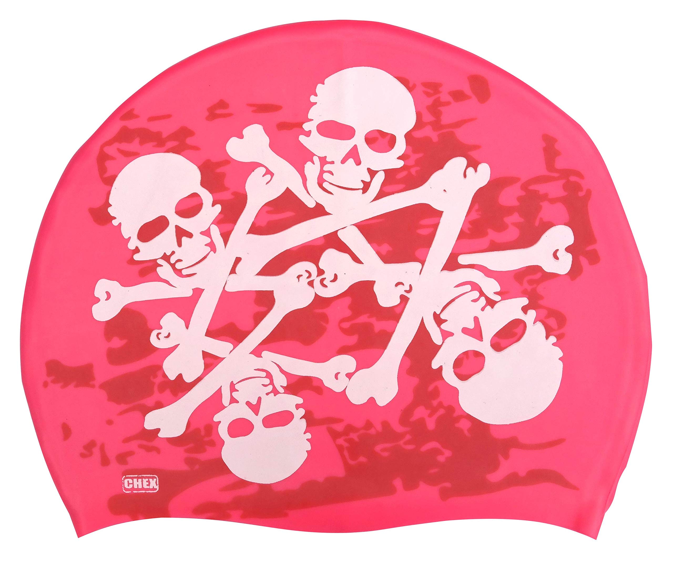 CHEX Stretchy Silicone Unisex Women Men One Piece Swimming Hat Swim Cap Pirates Skull & Cross Bones Fun Design Print One Size Adults Easy Pull On (Pink)
