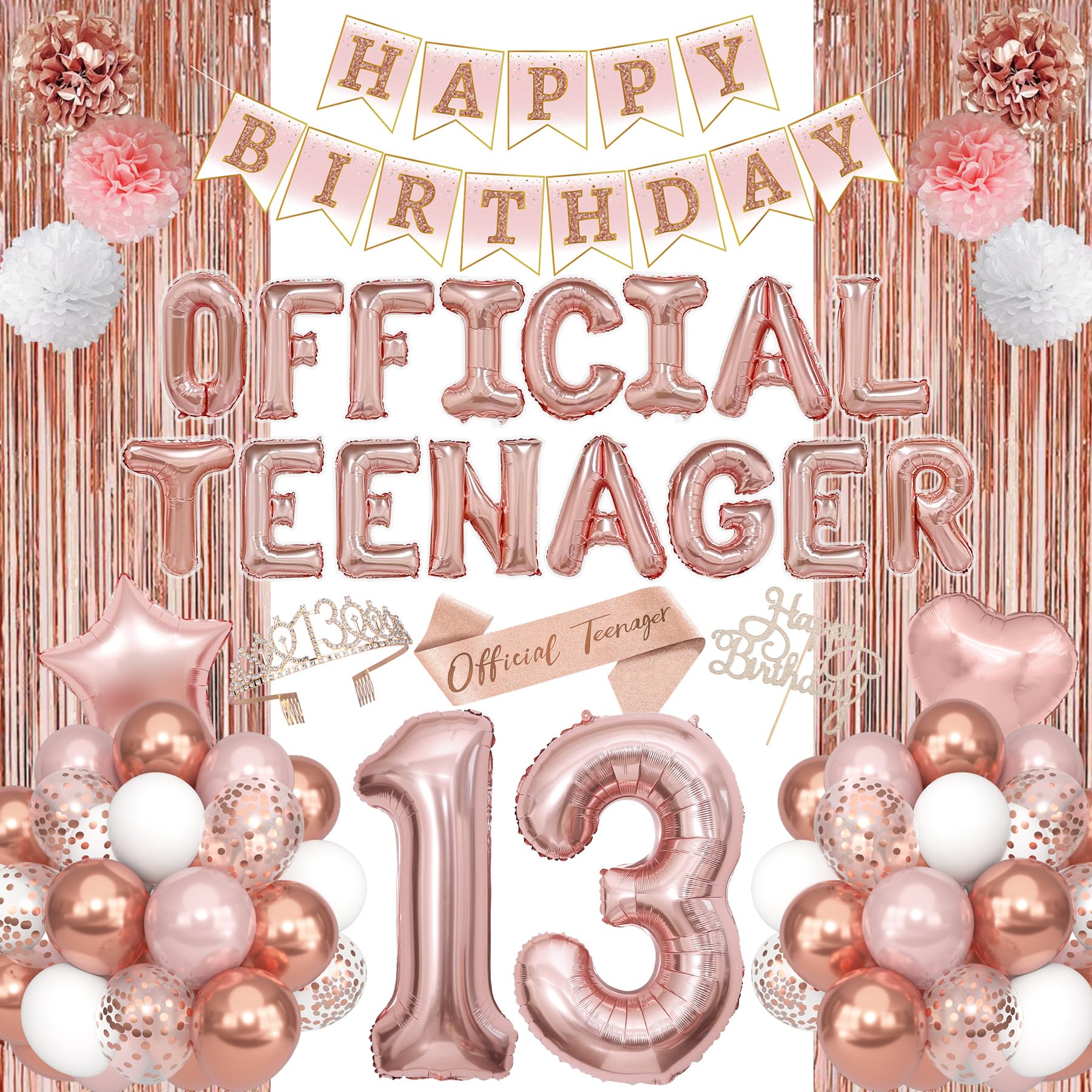 Photo 1 of 13th Birthday Party Decorations for Girls, Rose Gold Official Teenager Foil Balloons 13th Birthday Banner Fringe Curtain Crown Sash Paper Pompoms Cake Topper for 13 Year Old Girls Party Favor Supplies