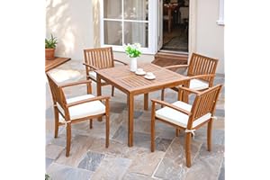 Flamaker 5 Piece Outdoor Dining Set Acacia Wood Patio Table and Chairs with Soft Cushions Patio Furniture for Deck, Backyard, Garden