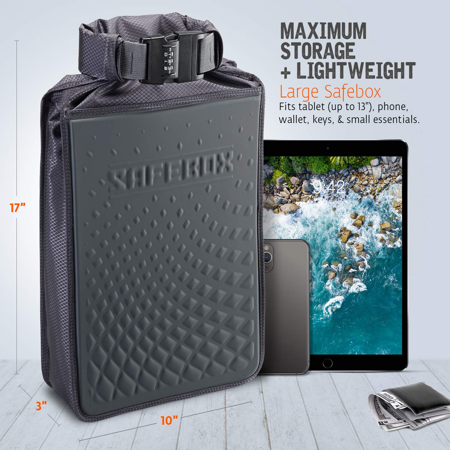 Safebox Portable Safe with Anti Theft Combination Lock and Slash Resistant Material to Protect Wallet, iPhone and Valuables at the Beach, Pool, Camping + Hotel, Large
