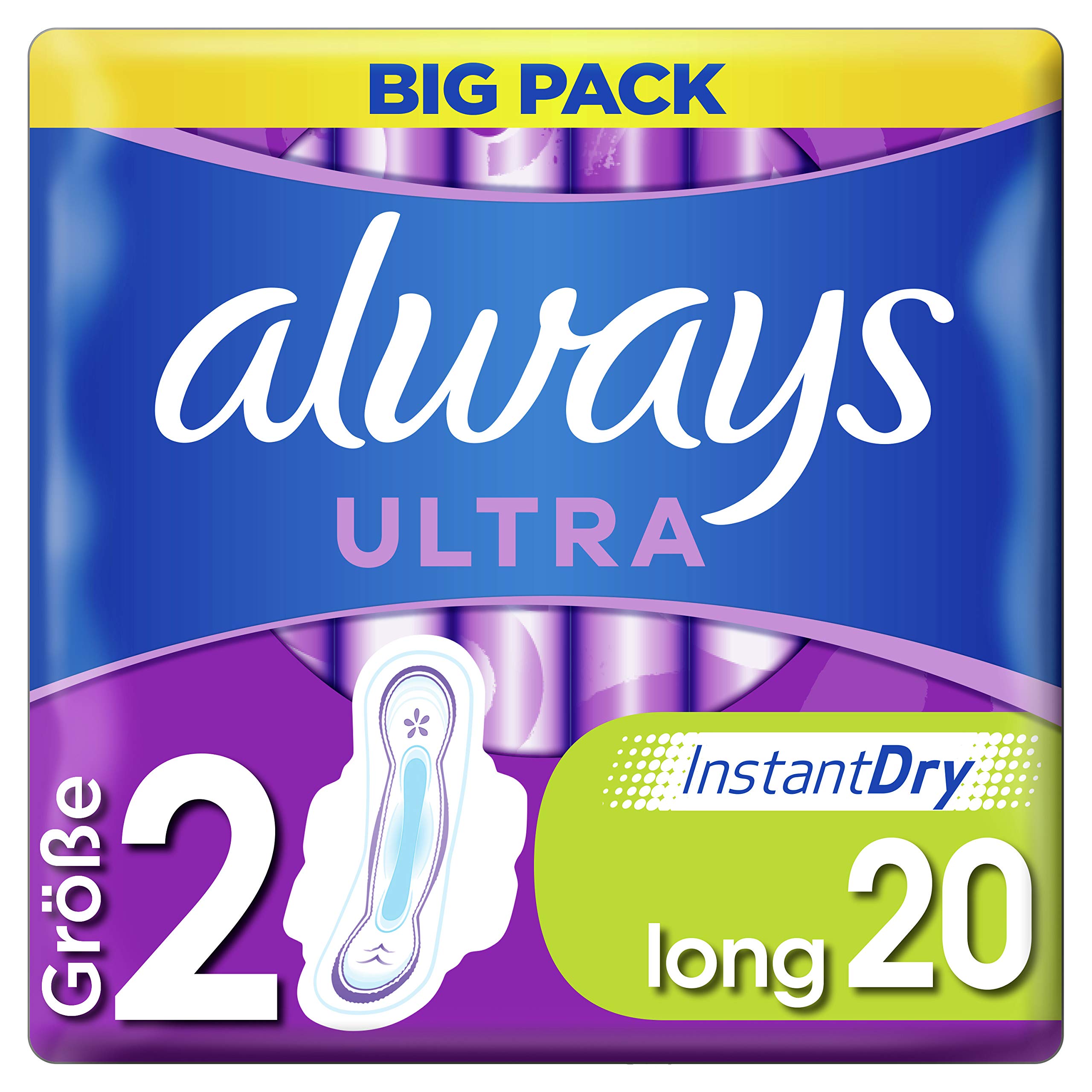Always Ultra Women's Sanitary Pads Size 2 (20 Sanitary Towels with Wings) Big Pack, Ultra Thin and Super Absorbent, Odour-Neutralising and Leak Protection