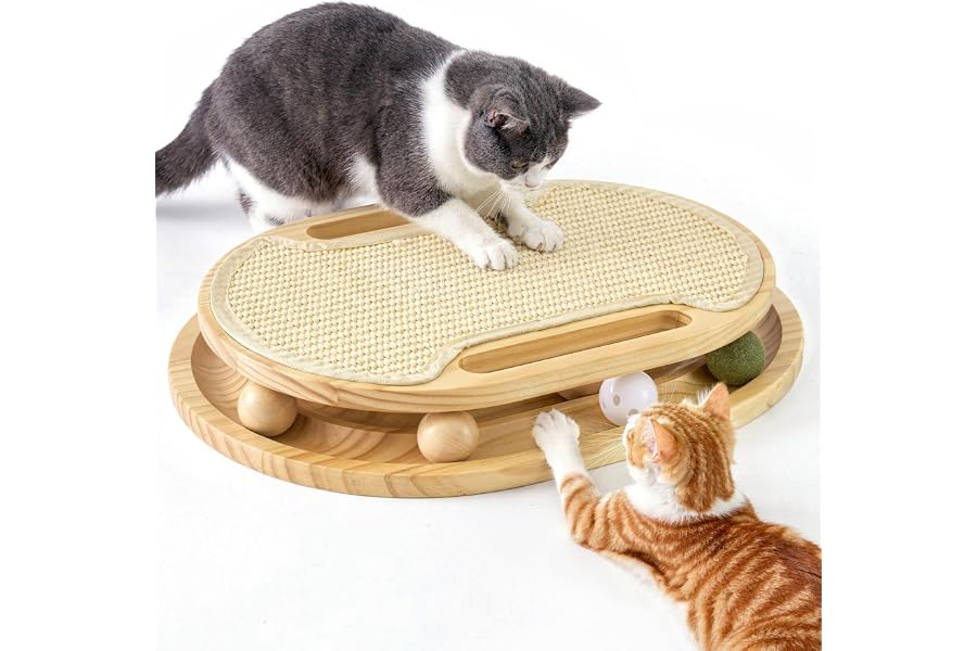 ZOMISIA Cat Scratcher with Ball Track Toy, Sisal Scratch Pad for Indoor Use | Wooden Interactive Cat Puzzle Toys for Adult Cats, Kitten Mental Stimulation Self Play Home Enrichment, Spinning Balls