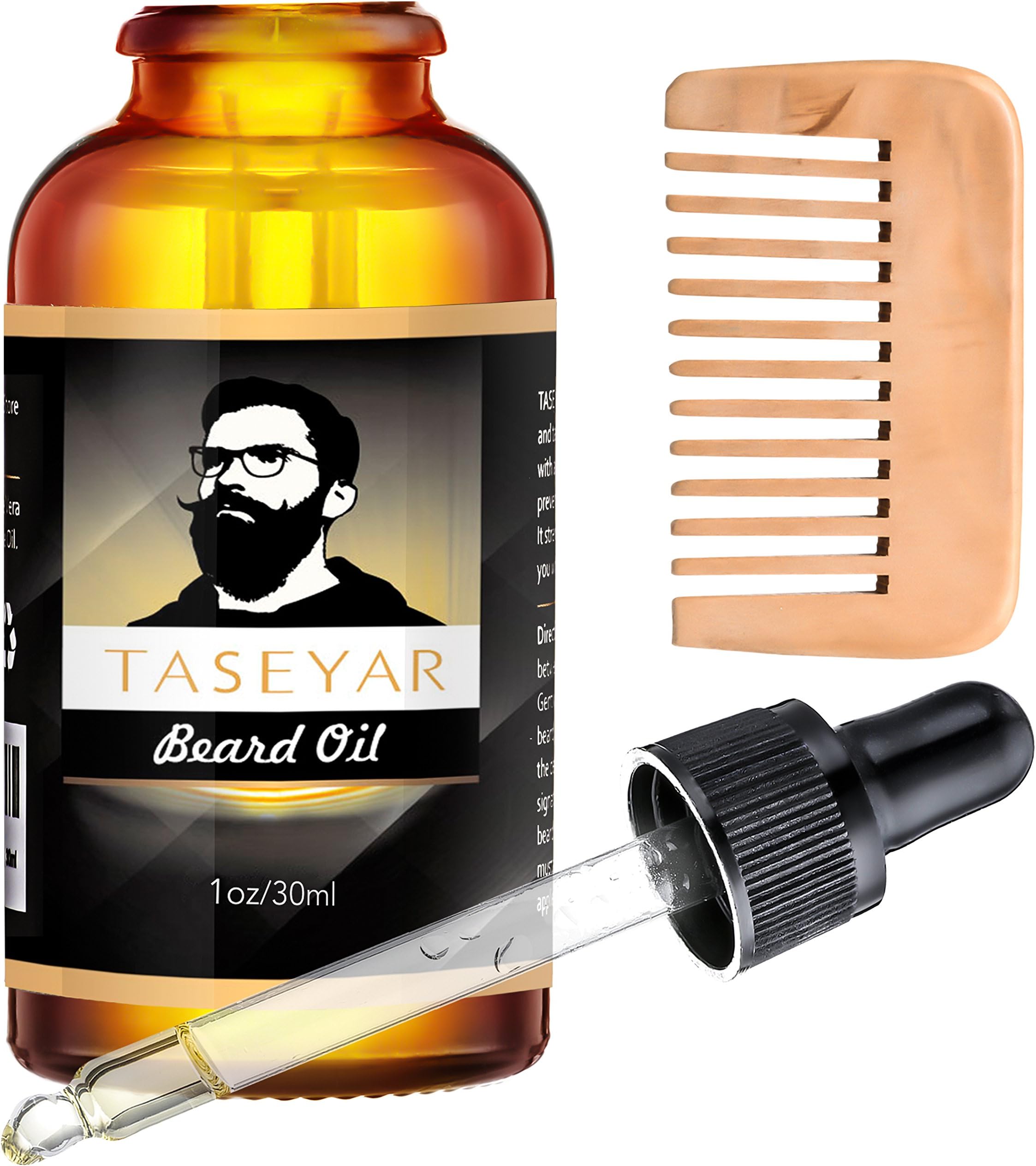 30ml Beard Oil with Comb, TASEYAR Natural Moustache Growing Oil Beard Shaping Tools Fragrance Free Leave in Conditioner with Jojoba Oil for Beard Hair Growth