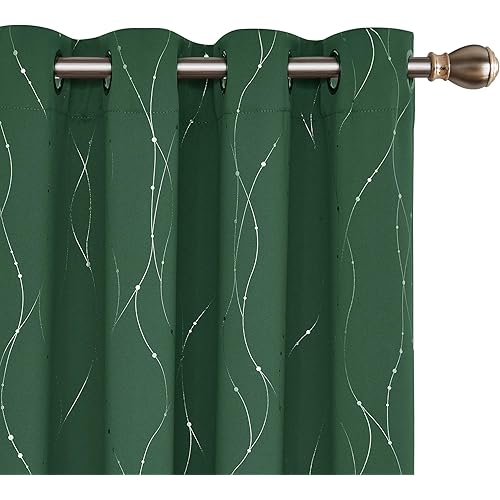 Deconovo Blackout Curtains Grommet Top Drapes Wave Line and Dots Foil Printed Window Curtains for Living Room 52 x 54 Inch Dark Forest 2 Panels