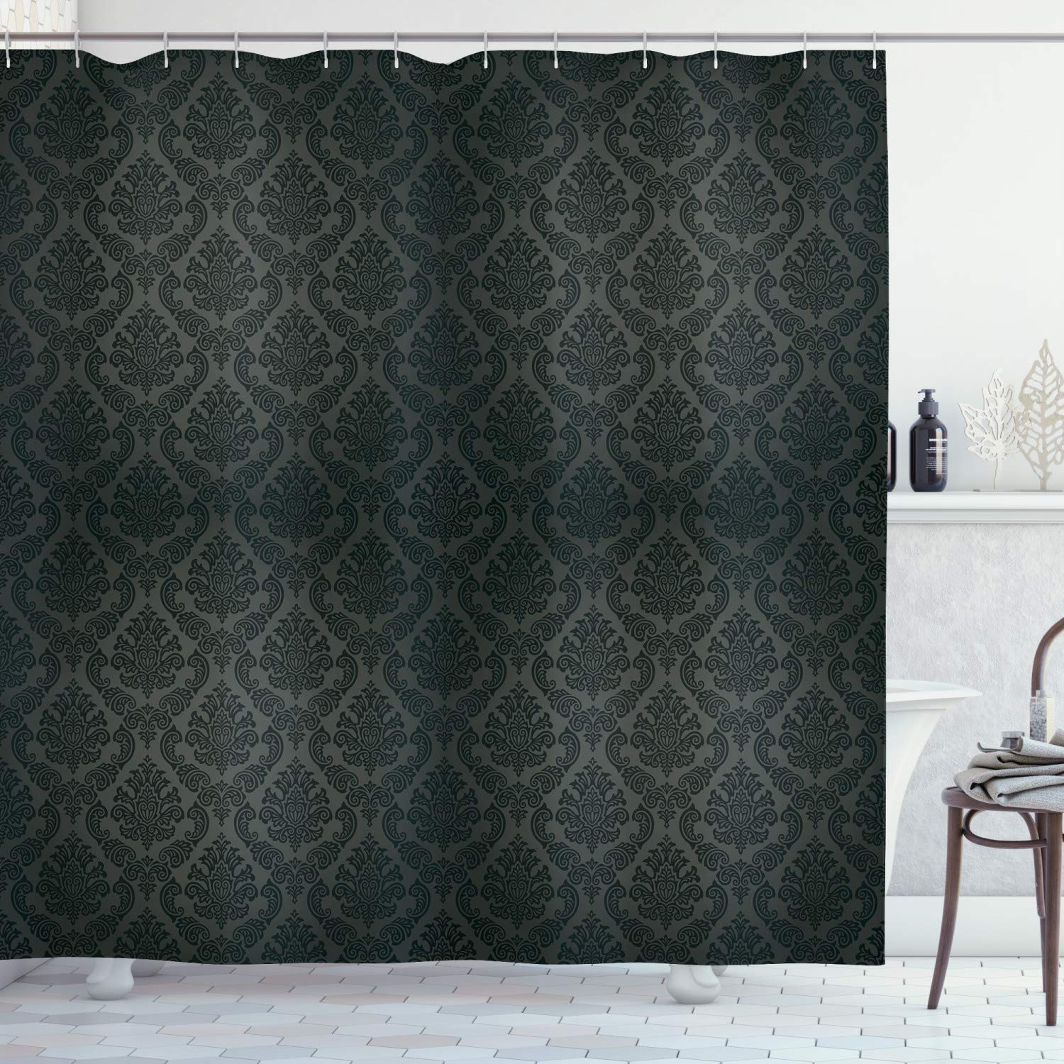 ABAKUHAUS Dark Grey Shower Curtain, Damask Motifs Victorian Vintage Revival Design Elements Medieval Baroque, 86 Inches Extra Long, Black Grey