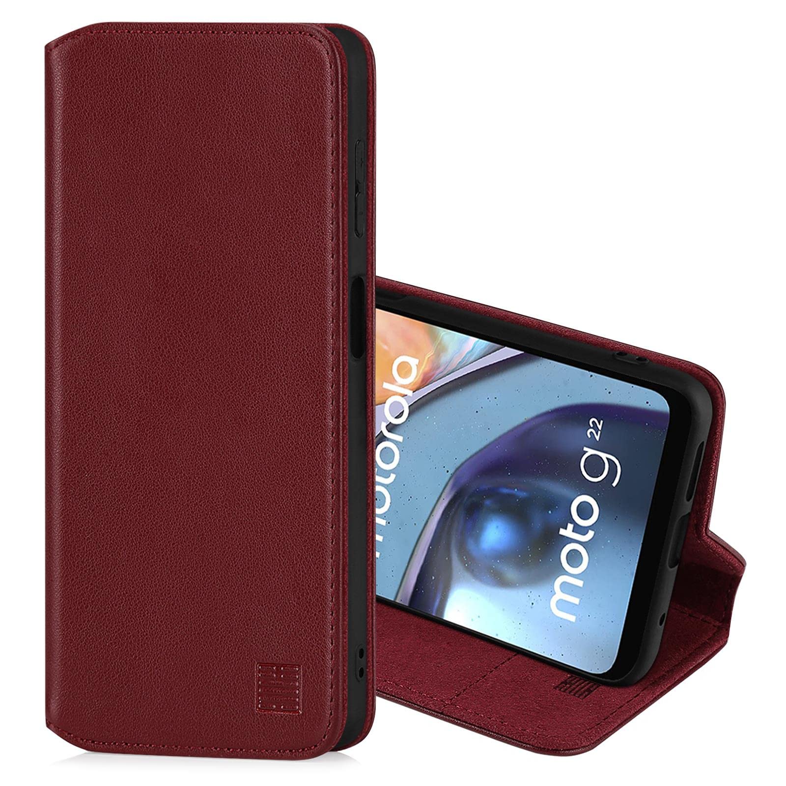 32nd Classic Series 2.0 - Real Leather Book Wallet Flip Case Cover For Motorola Moto G22, Real Leather Design With Card Slot, Magnetic Closure and Built In Stand - Burgundy