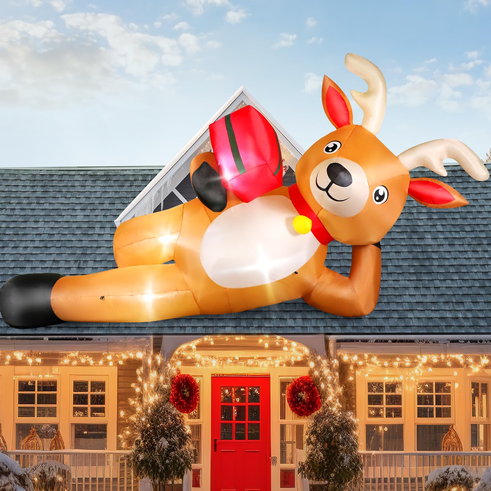 Photo 1 of (TESTED, WORKS)   12 FT Giant Christmas Inflatable Reindeer Outdoor Decorations, Large Blow Up Reindeer with Gift Box Decor, Built-in LED Lights, Rapidly Inflate for Yard Lawn Party Holiday Garden Xmas Decorations