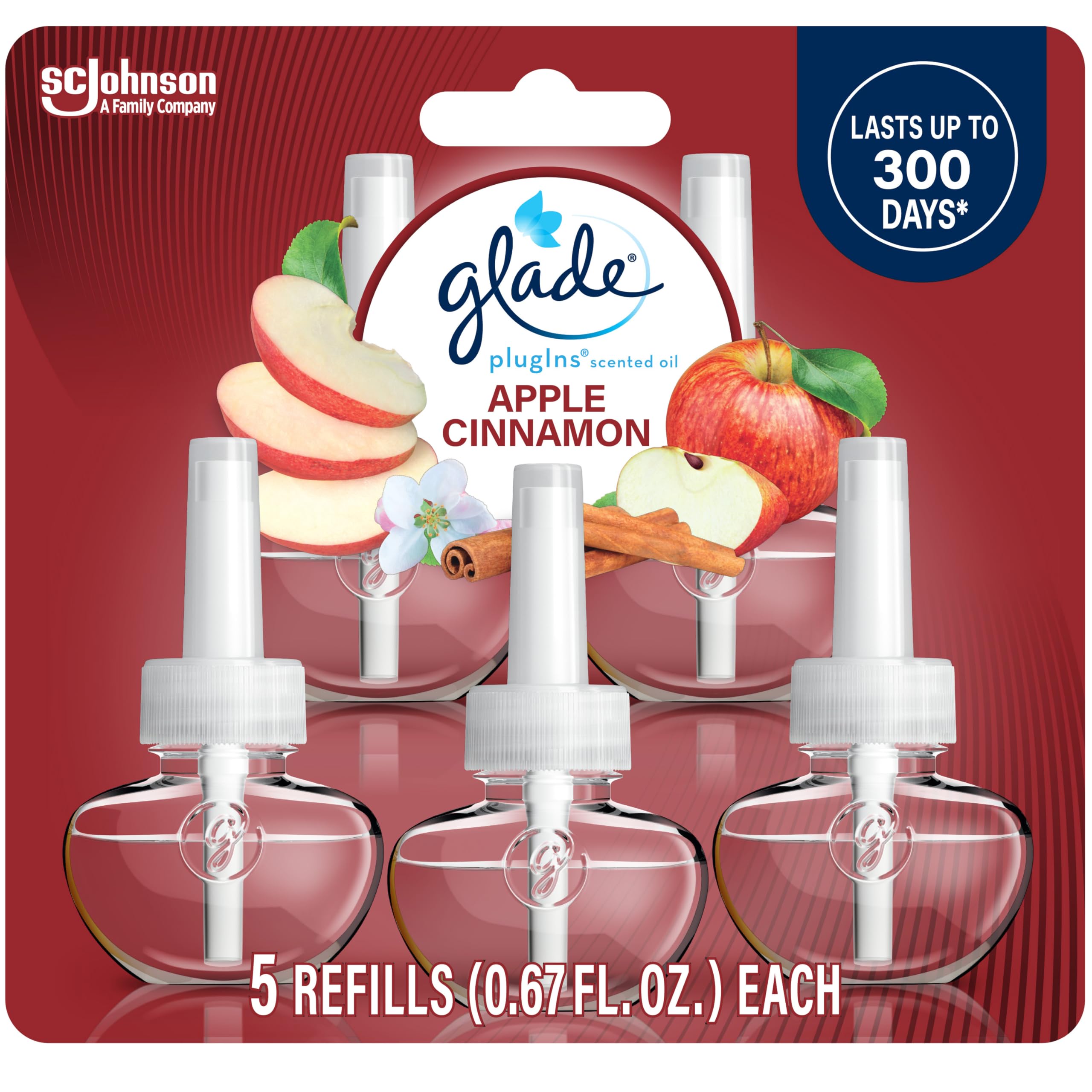 Glade PlugIns Refills Air Freshener, Scented and Essential Oils for Home and Bathroom, Apple Cinnamon, 3.35 Fl Oz, 5 Count