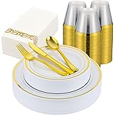 ISFANGCO 350 PCS Gold Plastic Dinnerware for 50 Guests, Gold and White Plastic Disposable Plates, 50 Dinner Plates, 50 Dessert Plates, 50 Silverware Set, 50 Cups, 50 Napkins for Party