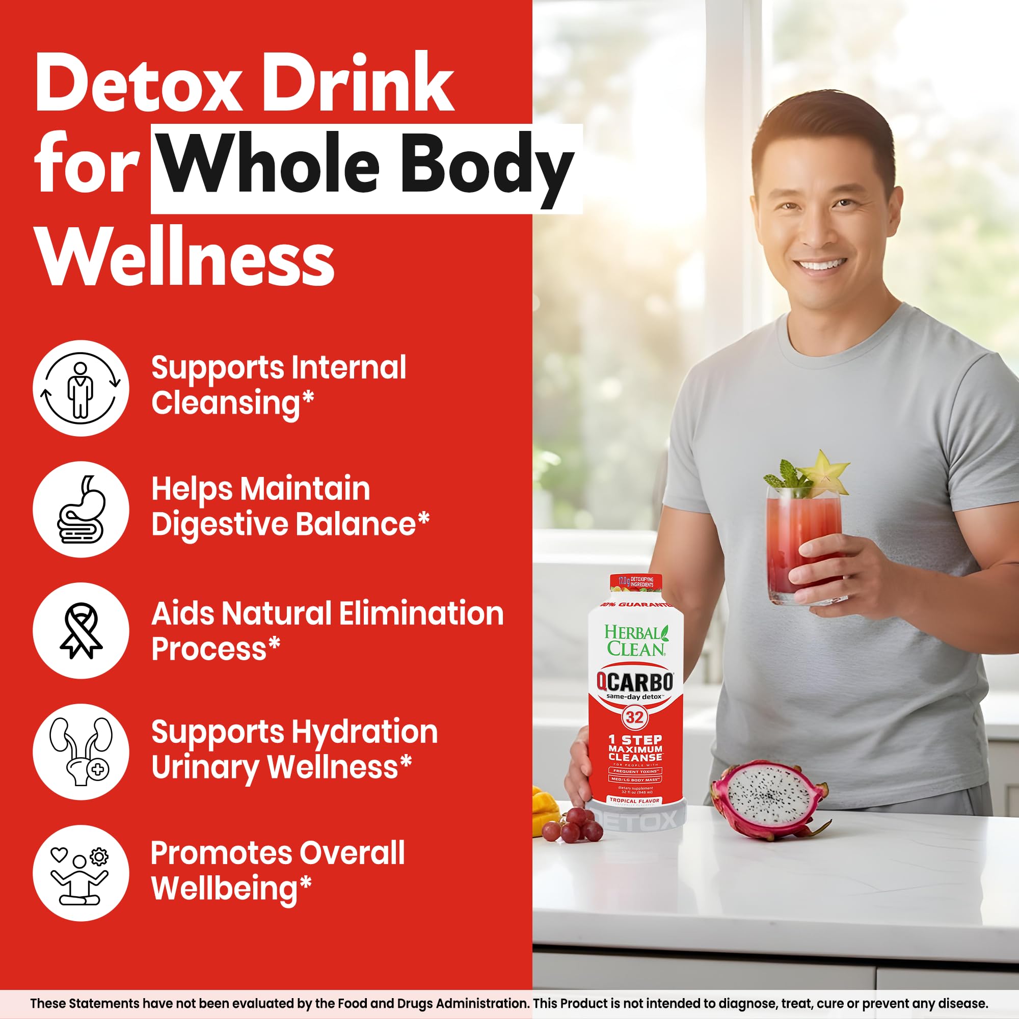 Herbal Clean Qcarbo32 Same-Day Detox Cleanse Drink (32 fl oz) - Tropical Flavor Full Body Cleanse* Detox Drink for Moderate Toxin Level*, Vitamin B2 and Vitamin B12 for Men & Women