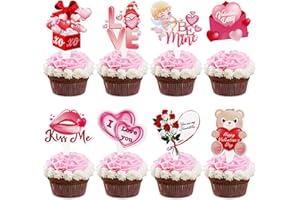Cyodoos48PCS Valentine’s Day Cupcake Toppers, Happy Valentine’s Day Cupcake Decorations, cupid, Love, Kiss Me, Little Bear, Rose Flower Valentin’s Day Cupcake Decorations Cake Decoration