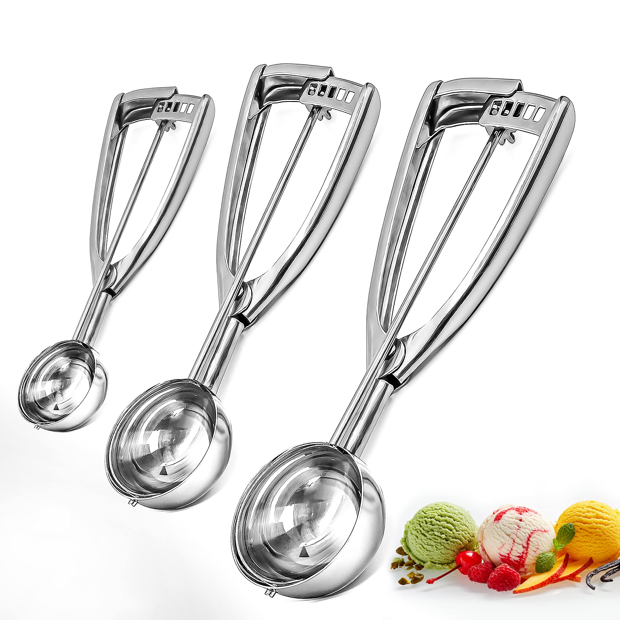 Bixel Ice Cream Scoops with Easy Trigger Set of 3 Large (6.3CM), Medium (5CM), Small (4CM) 304 Stainless Steel Ice Cream Scoop for Melon, Muffin, Sorbet, Cupcake, Meatball, and Cookie Dough