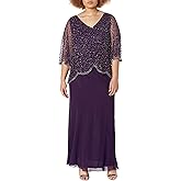 J Kara Womens Plus Size Sequin Beaded V-Neck 3/4 Sleeve Popover Gown