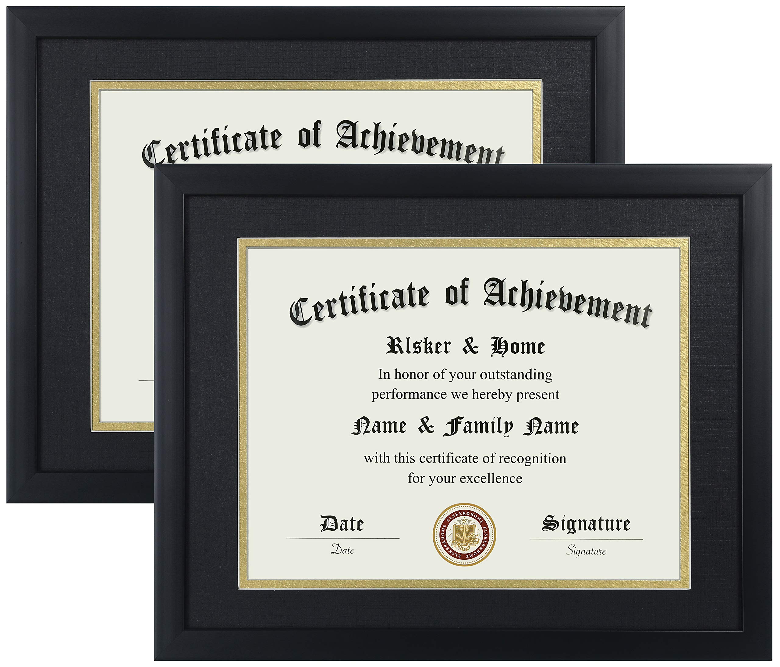 Photo 1 of ELSKER&HOME 8.5x11 Certificate Frame - Classic Black Color Frame - Displays Diploma 8.5x11 Inch with Mat - 11x14 Inch Without Mat - For Document/Photo(2 Pack, Matte Black with Gold Rim)