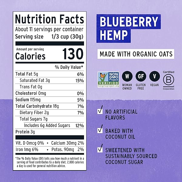 PURELY ELIZABETH ANCIENT GRAIN GRANOLA CERTIFIED GLUTENFREE VEGAN NONGMO COCONUT SUGAR DELICIOUS HEALTHY SNACK , BLUEBERRY HEMP, 12 OUNCE