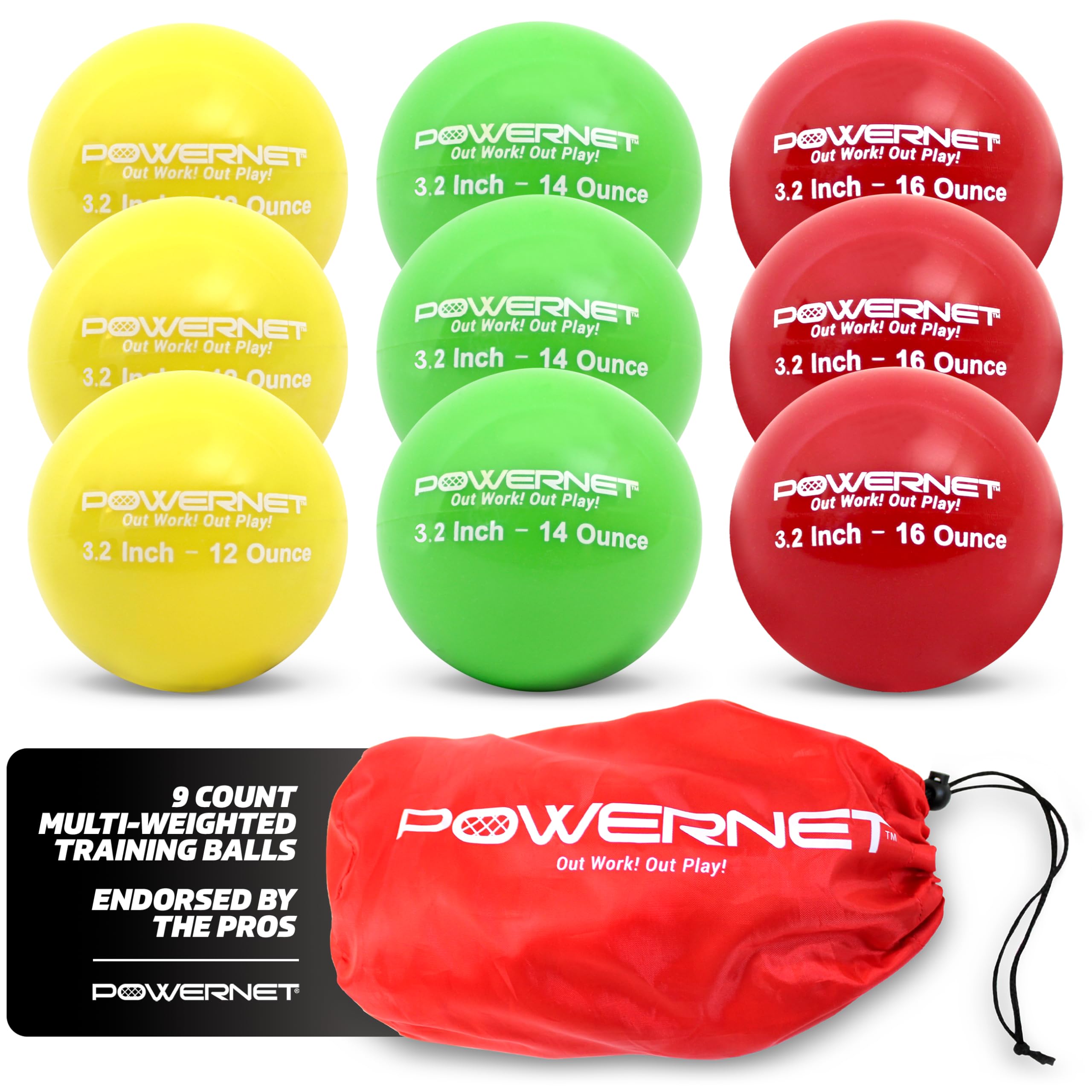 PowerNet 3.2" 9 Pack Weighted Progressive Training Balls for Hitting Batting, Build Strength & Muscle, Improve Technique, Softball Size, Training Equipment for Throwing (12, 14, 16 oz)